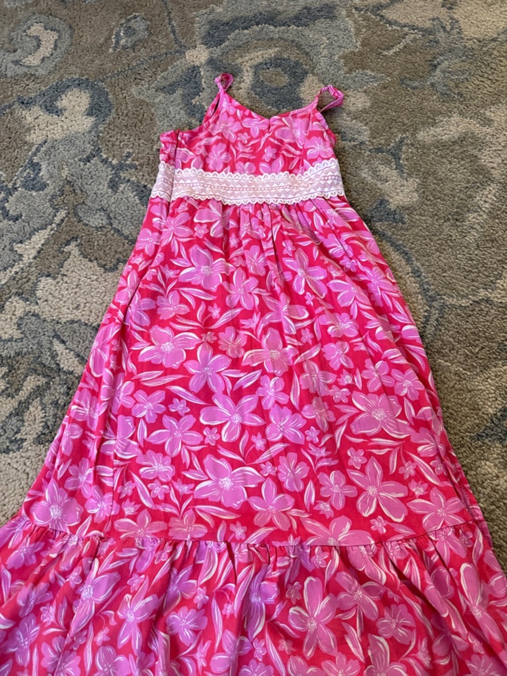 btween Pink Floral Maxi Dress with White Lace Waist
